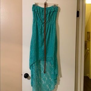 Turquoise strapless hi-low dress with belt